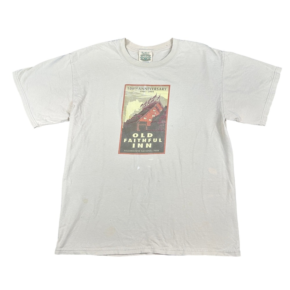 Vintage Yellowstone Old Faithful Inn 100th Anniversary Graphic Tee Mens L Tan